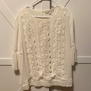 LOFT Cream Crochet-Paneled Peasant Blouse